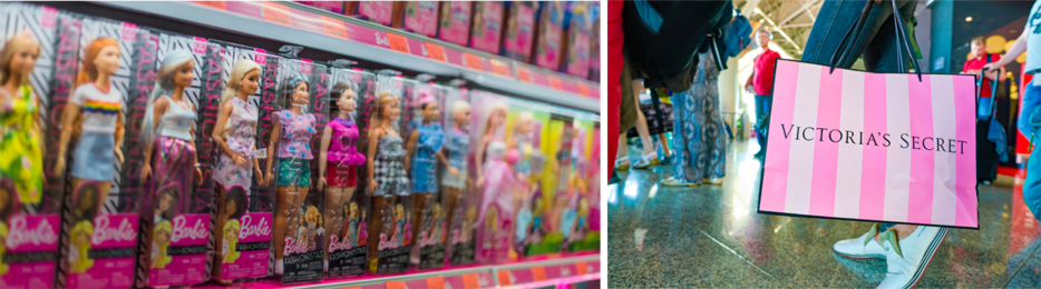 Barbie Dolls Lined up on shelf and Victoria's Secret bag 