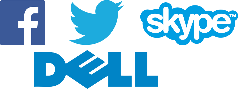Facebook, Twitter, Skype, and Dell logos