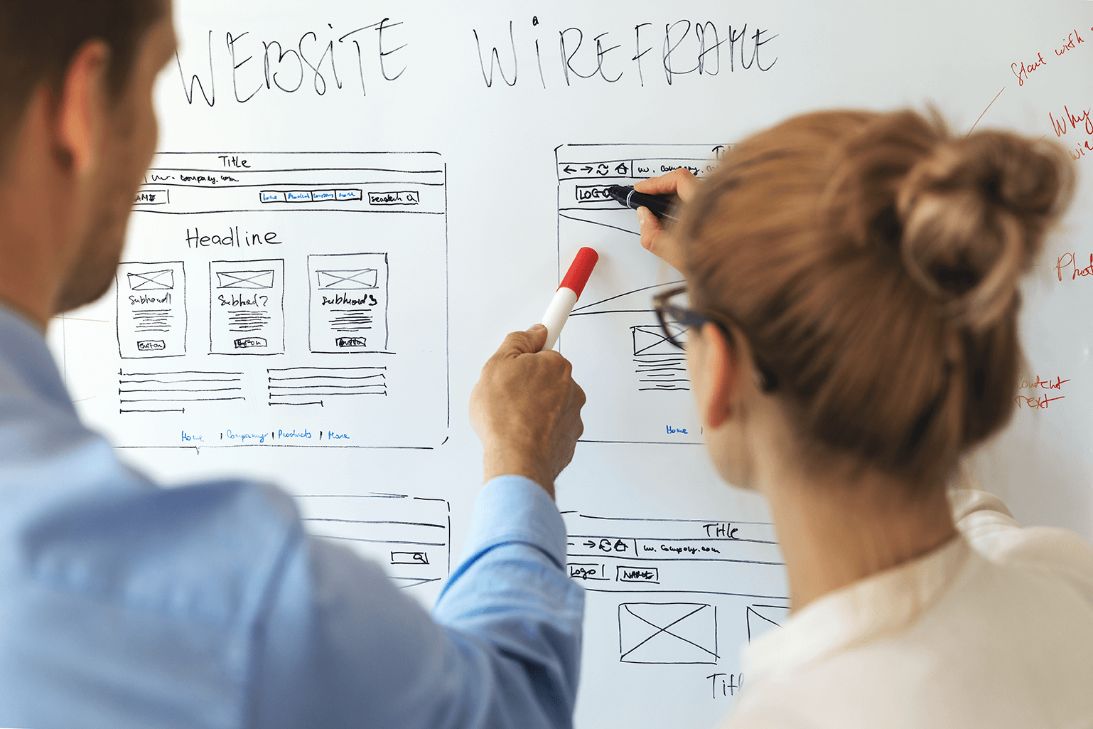 A User Experience (UX) designer and User Interface (UI) designer mapping out a website on a white board.